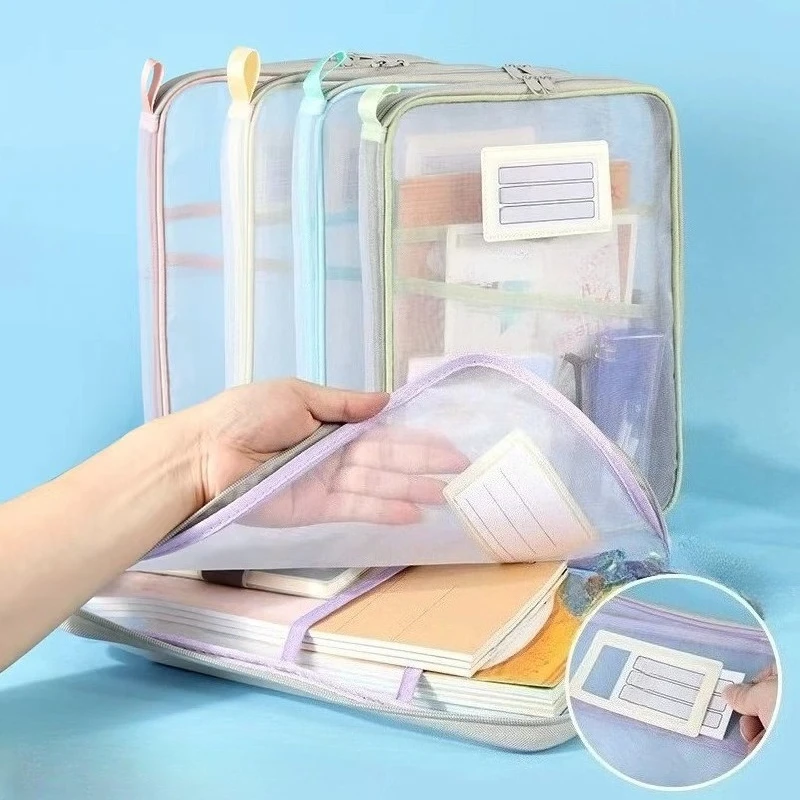 حقيبة كتب مقاس A4 للمدرسة، منظم شبكي بطبقة مزدوجة، سعة كبيرة، أساسيات الطلاب، الكتب المدرسية، مجلدات تخزين اللوازم المدرسية