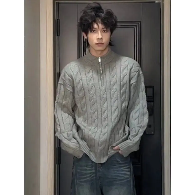 

Мужской свободный вязаный кардиган на молнии с длинными рукавами, модный топ с воротником-стойкой, верхняя одежда, новинка весны, из полиэфирного волокна, молодежный стиль