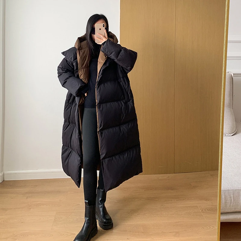 Long Women\'s Duck Down Coat Winter Oversized Luxury Warm Hooded Patchwork Puffer Jacket 2023 Desinger Female Fluffy Outwear