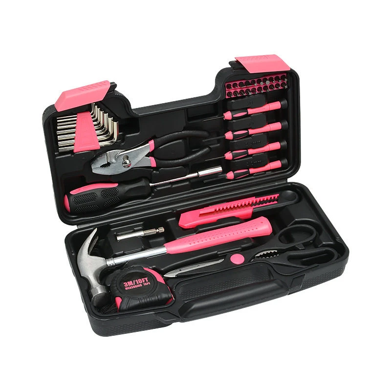 Pink 39-PieceHousehold Tool Set, Complete Hand Repair Hardware Kit With Storage Box For Home Use