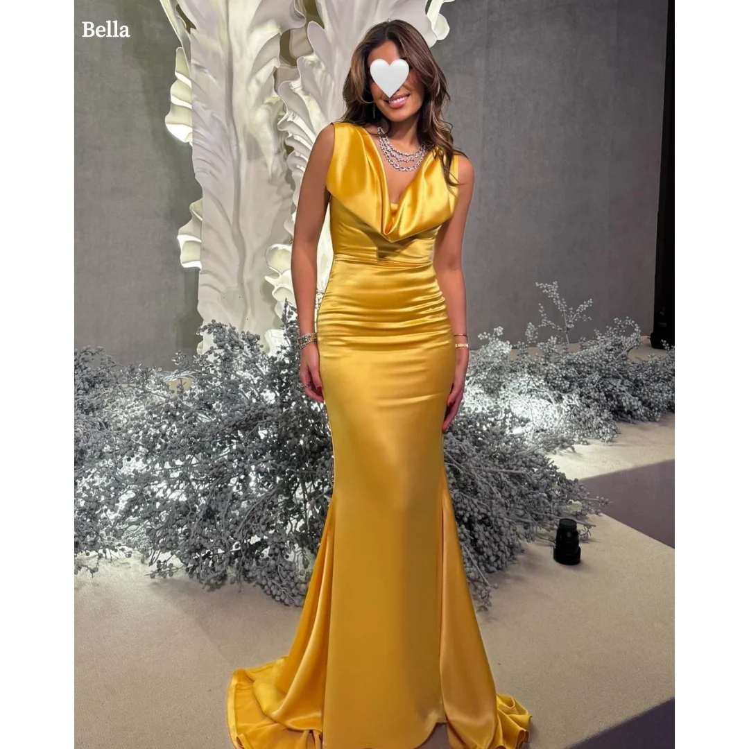 

Bella Customized Yellow Mermaid robes de soirée Halter Neck Satin Party Dresses Backless Sleeveless Floor-Length Prom Dress 2025
