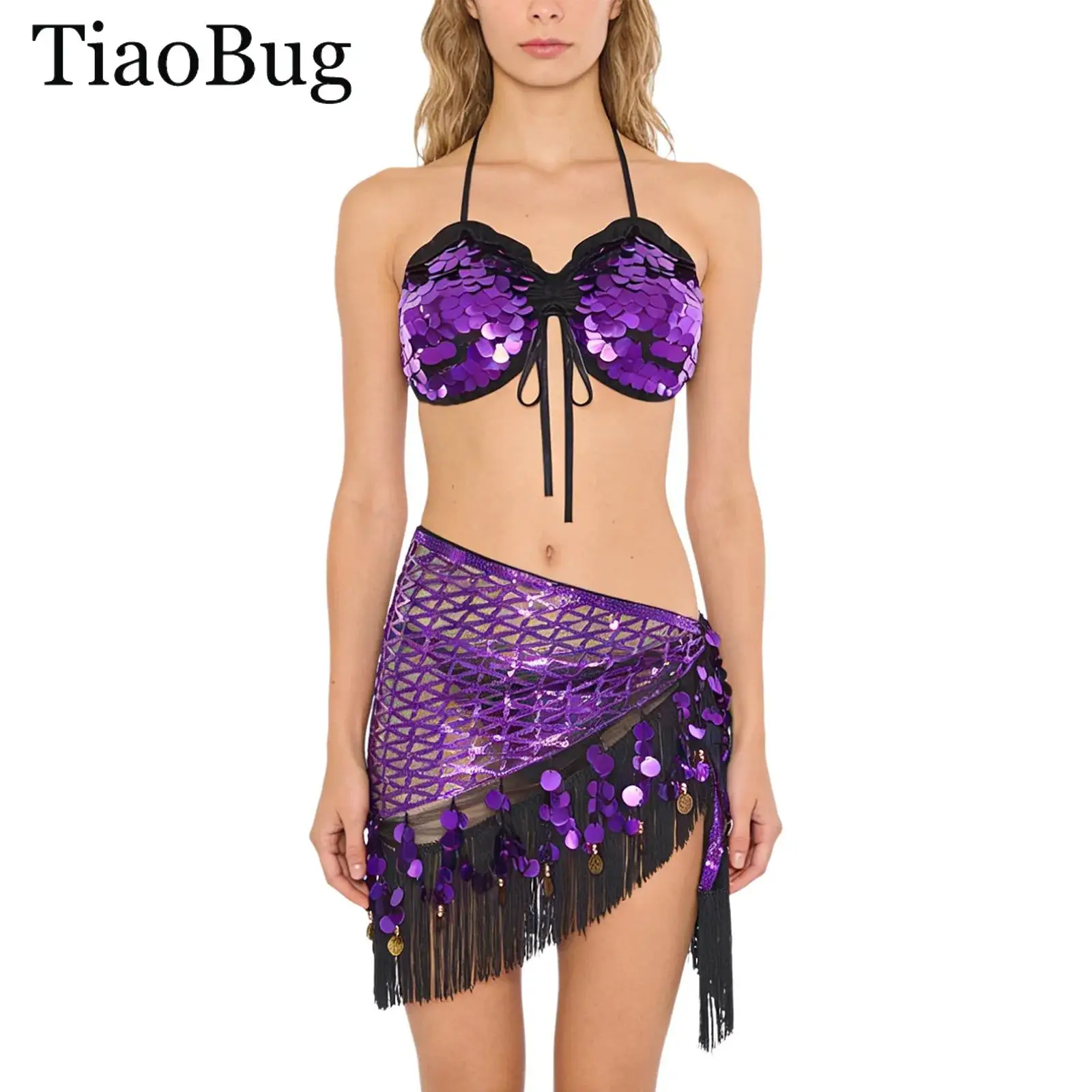 ชุดเต้นระบำหน้าท้องผู้หญิงประดับเลื่อมวิบวับ พร้อมเสื้อครอปผูกเชือกแบบผูกคอ + ผ้าคลุมสะโพกทรงสามเหลี่ยมประดับเลื่อมและพู่ห้อย พร้อมสายคาดเอว