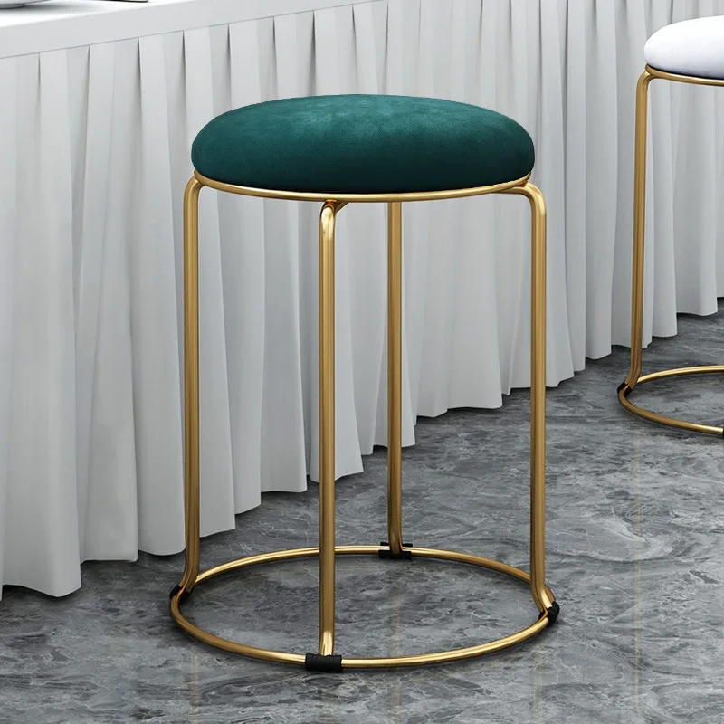 Simple Round Stool Fashion Dining Chairs Bedroom Dresser Velvet Pouf-Wrought Iron Leisure Bar Stool for Modern Living Spaces