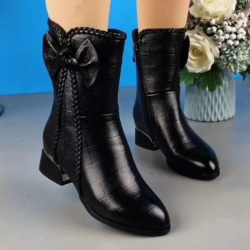 Women\'s Bow Pointed Toe Short Boots Fashion Retro Solid Colour High Heels Party Fleece Cotton Shoes Zapatos De Mujeres