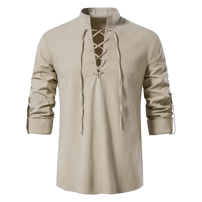 2024 Men\'s Renaissance Shirt Long Sleeve Medieval Retro Lace Up Shirt Men Linen Pirate Costume