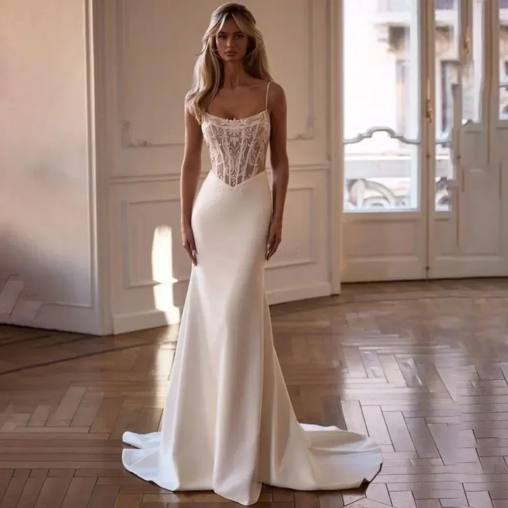 Boho Spaghetti Straps Satin Wedding Dress Lace Illusion Back Floor Length Mermaid Sexy Bridal Dress with Train Custom Made