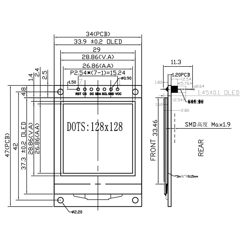 1.5 Inch OLED Screen Module SPI 7Pin 128*128 COG SH1107 Drive White LCD Display Low Power Consumption 3V-5V