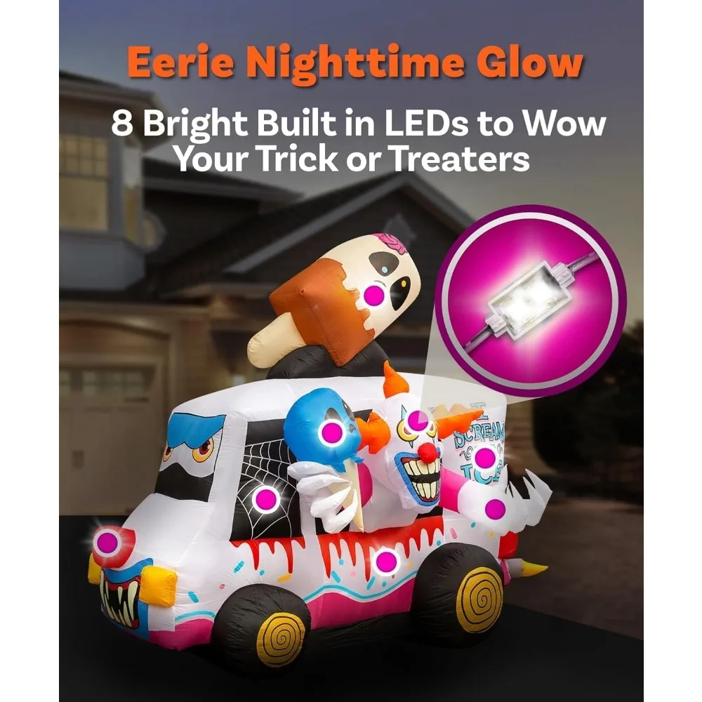 شاحنة آيس كريم قابلة للنفخ للهالوين بتصميم مهرج و8 مصابيح LED للديكور الداخلي #4
