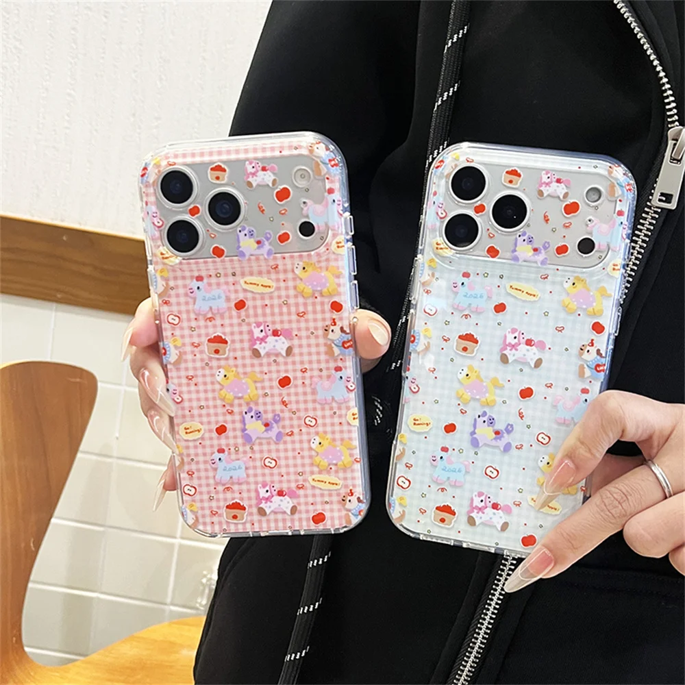 

Korean INS Plaid Polka Dot Pony Cartoon Phone case for iPhone 16 Pro Max 15 Pro 17 Pro 16 Max Cases Cute Shockproof Fundas Cover