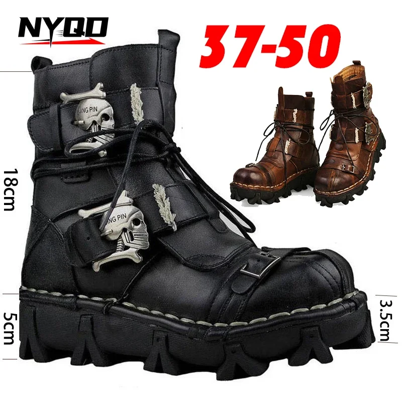 Mens Cowhide Leather Motorcycle Boots Gothic Skull Punk Desert Ankle Boots Men Mid Calf Combat Boots Motorbike Bota Motocross