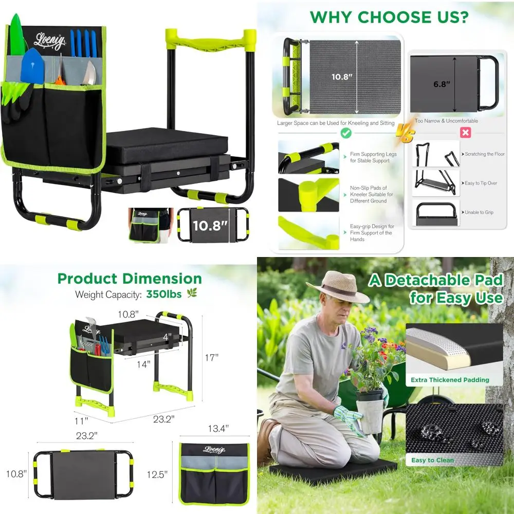 

Сверхмощный складной садовый табурет с сумкой для ремня для инструментов, широкое колесико 10,8 и сиденье, утолщенная подушечка на коленях в комплекте, идеально подходит для