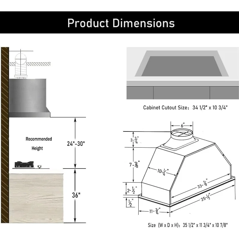 Productos de venta caliente Campana extractora con insertos canalizados/sin conductos de 3 velocidades ​ ​ Inserto de capó de ventilación Inserto de capó de acero inoxidable 36" fácil de instalar