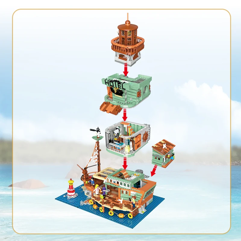 Creative Harbour Hotel Old Fishing House Ship Model Building Blocks Street View Lighthouse Houseboat With Light Mini Bricks Toys