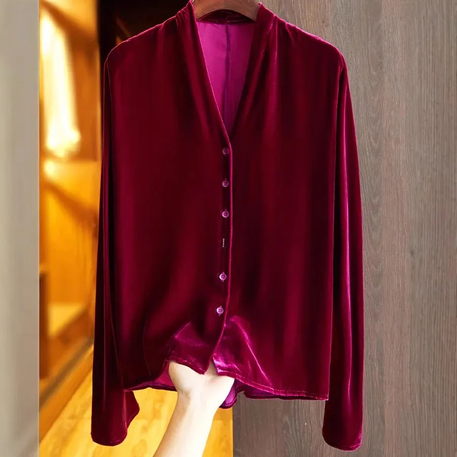 Elegant Stylish Pleuche Versatile Long Sleeve Silk Top Women's Shirt Jacket Chinese Vintage High End Autumn Collection