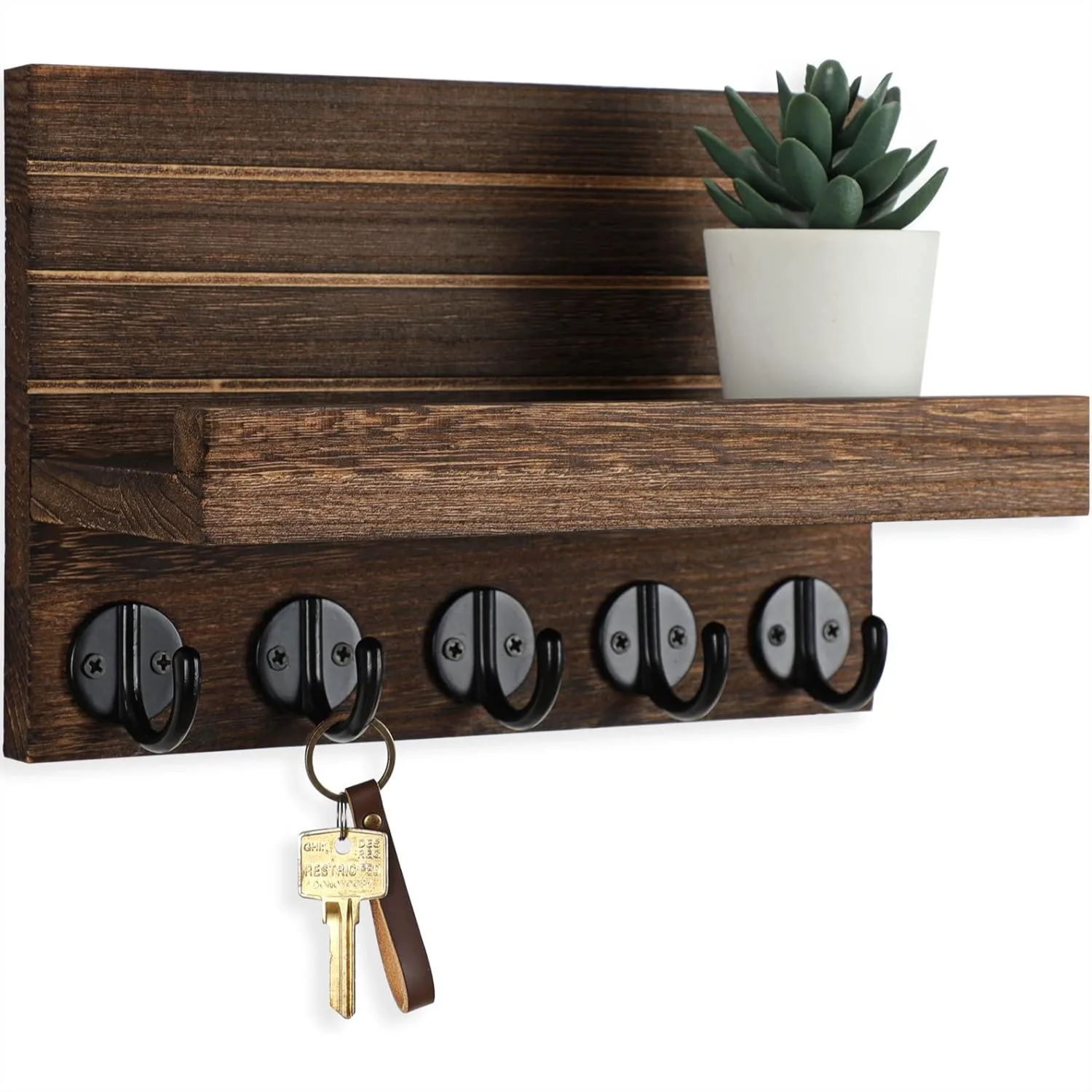 

Wall Key Holder With Shelf, Decorative Key And Mail Holder With Large Hooks For Bags Coats, Paulownia Wood Key Hanger With Mounting Hardware, 9.8x6.7x4.2 Inches, Brown