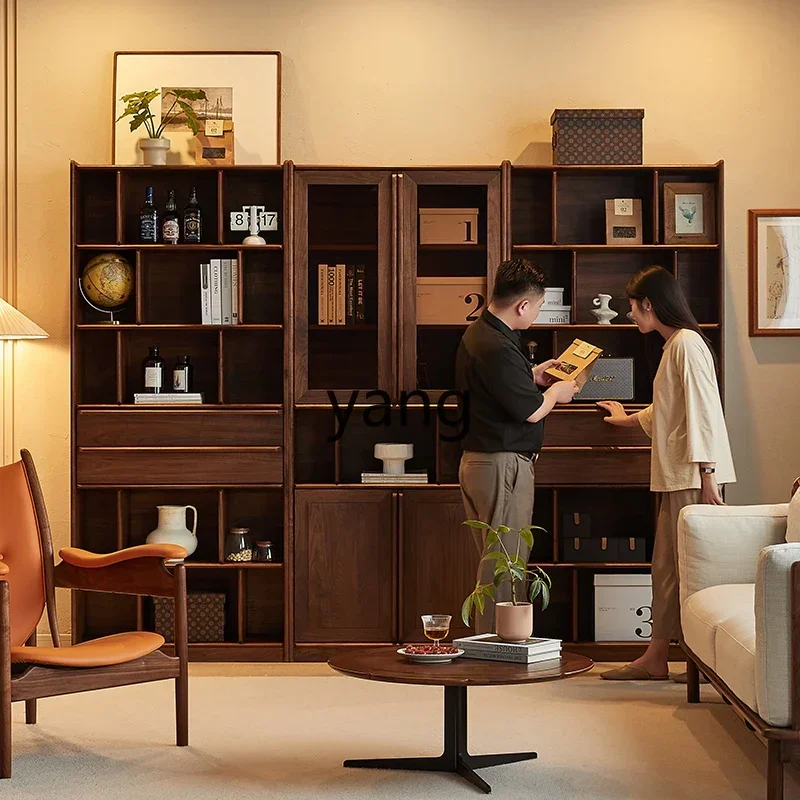 LM black walnut bookcase with glass door home living room open storage compartment solid wood shelf