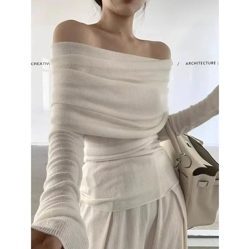 

Женский эластичный узкий тонкий вязаный пуловер, свитера, женская элегантная рубашка в рубчик с разрезом на шее, осень-зима, вязаные топы с открытыми плечами