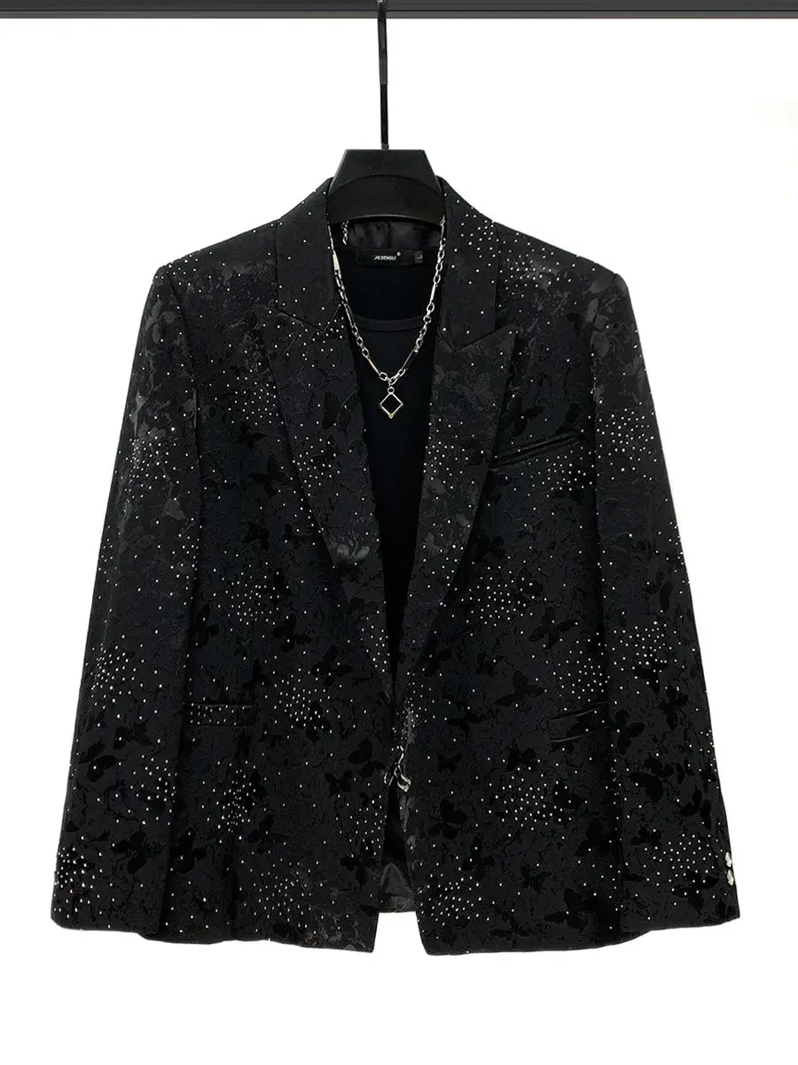 Fashion Men's Rhinestone Suit Set Korean Trend Spring Shiny Black Butterfly Jacquard Suit Jacket Pants Male Two-piece Set