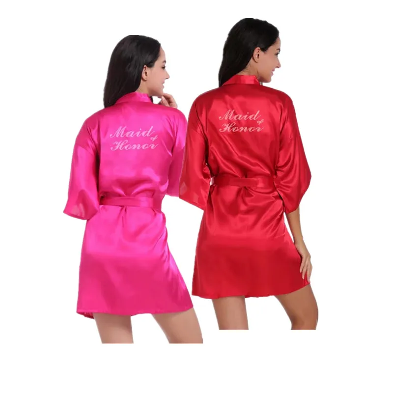 Retail Maid of Honor Letter Rhinestones Women Bride Bridesmaid Short Satin Robes for Wedding Party Getting Ready T71