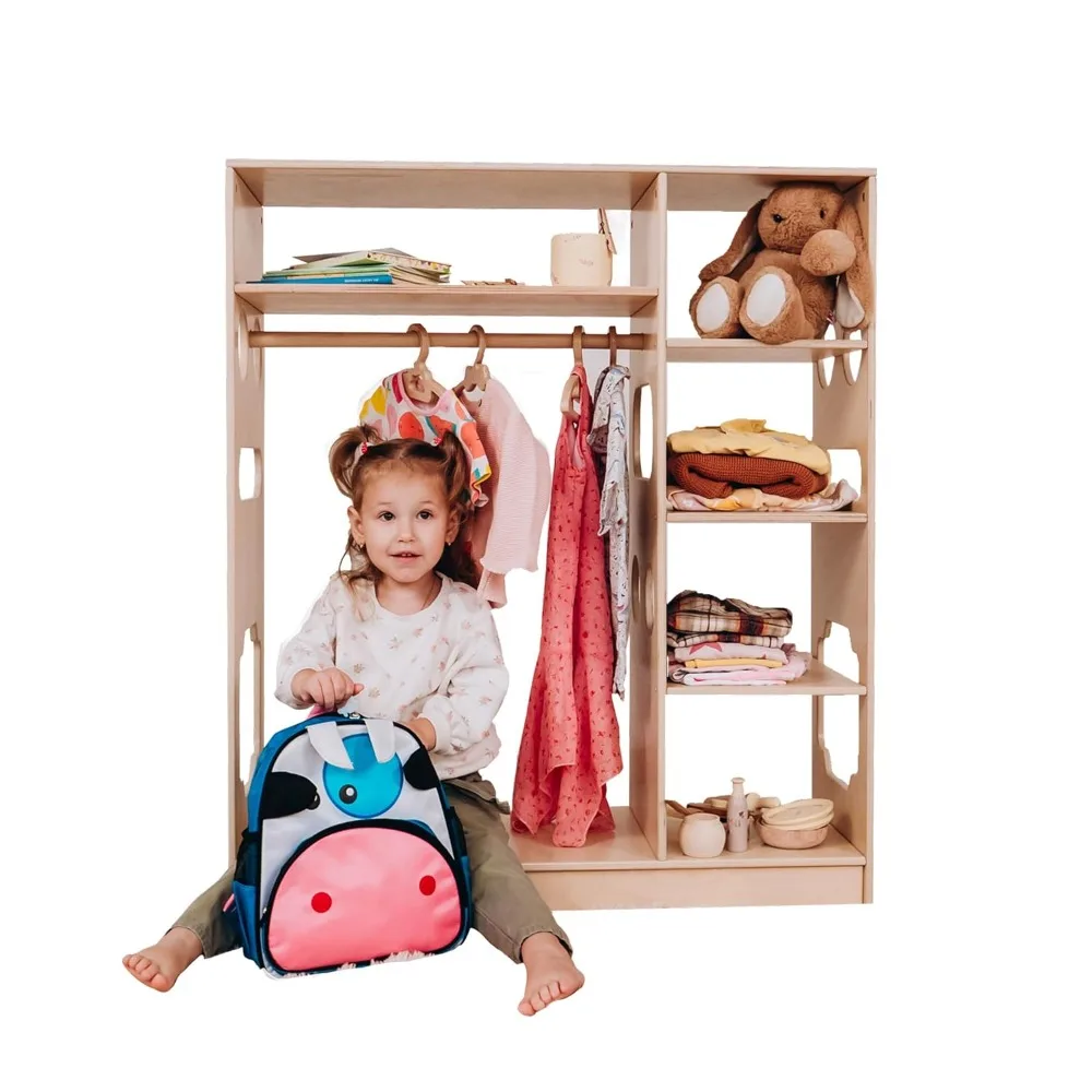 

WoodandHearts Open Wooden Wardrobe for Kids, Montessori Wardrobe and Wooden Organizer, Perfect Toddler Dressup Closet