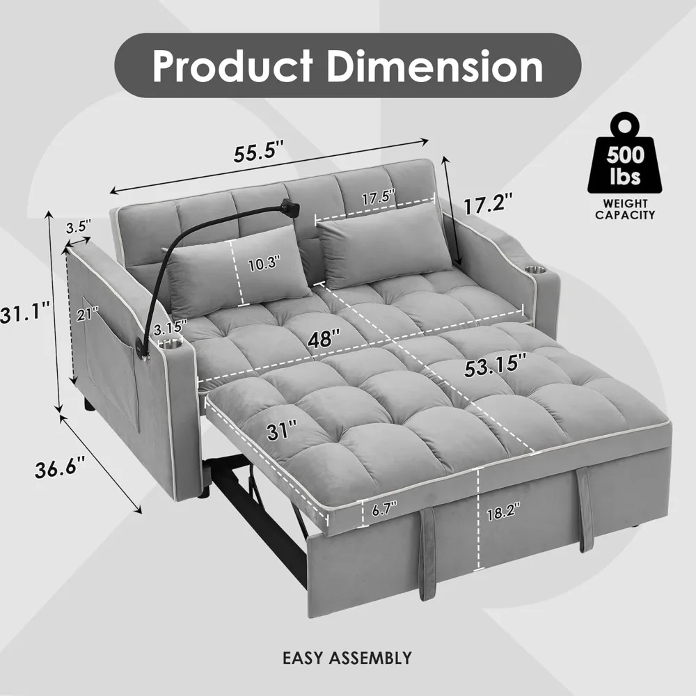 سرير أريكة قابل للتحويل، أريكة نوم مع جيب جانبي، مسند ظهر قابل للتعديل، أريكة غرفة المعيشة مع حامل هاتف، أريكة قابلة للسحب، لو #3