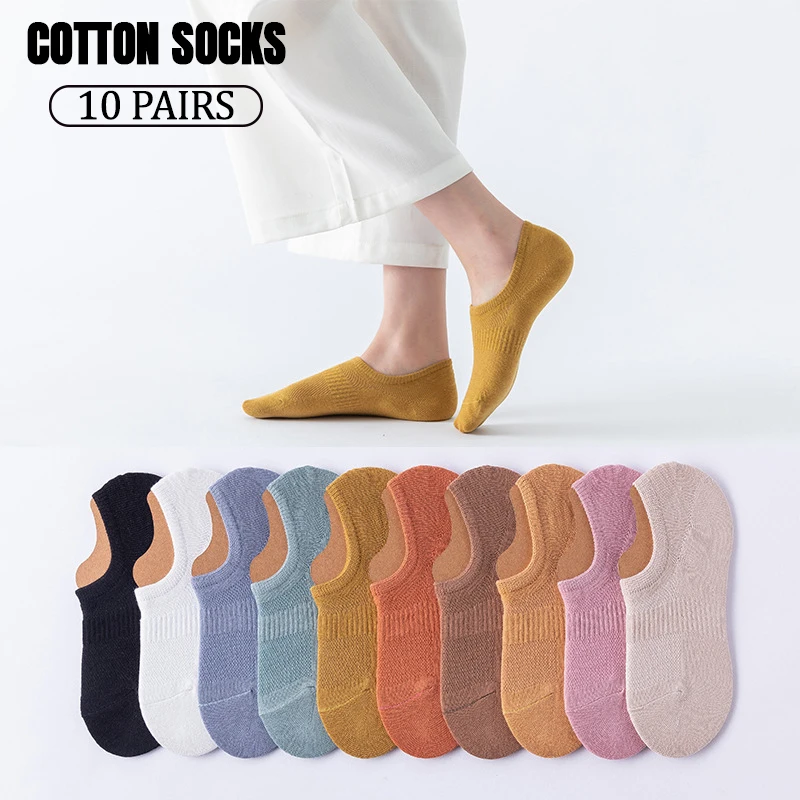 10 Pairs Women's Low Cut Socks 10 Colors Black White Summer Thin Breathable Mesh Cotton Girls Silicone Non-slip Invisible Socks