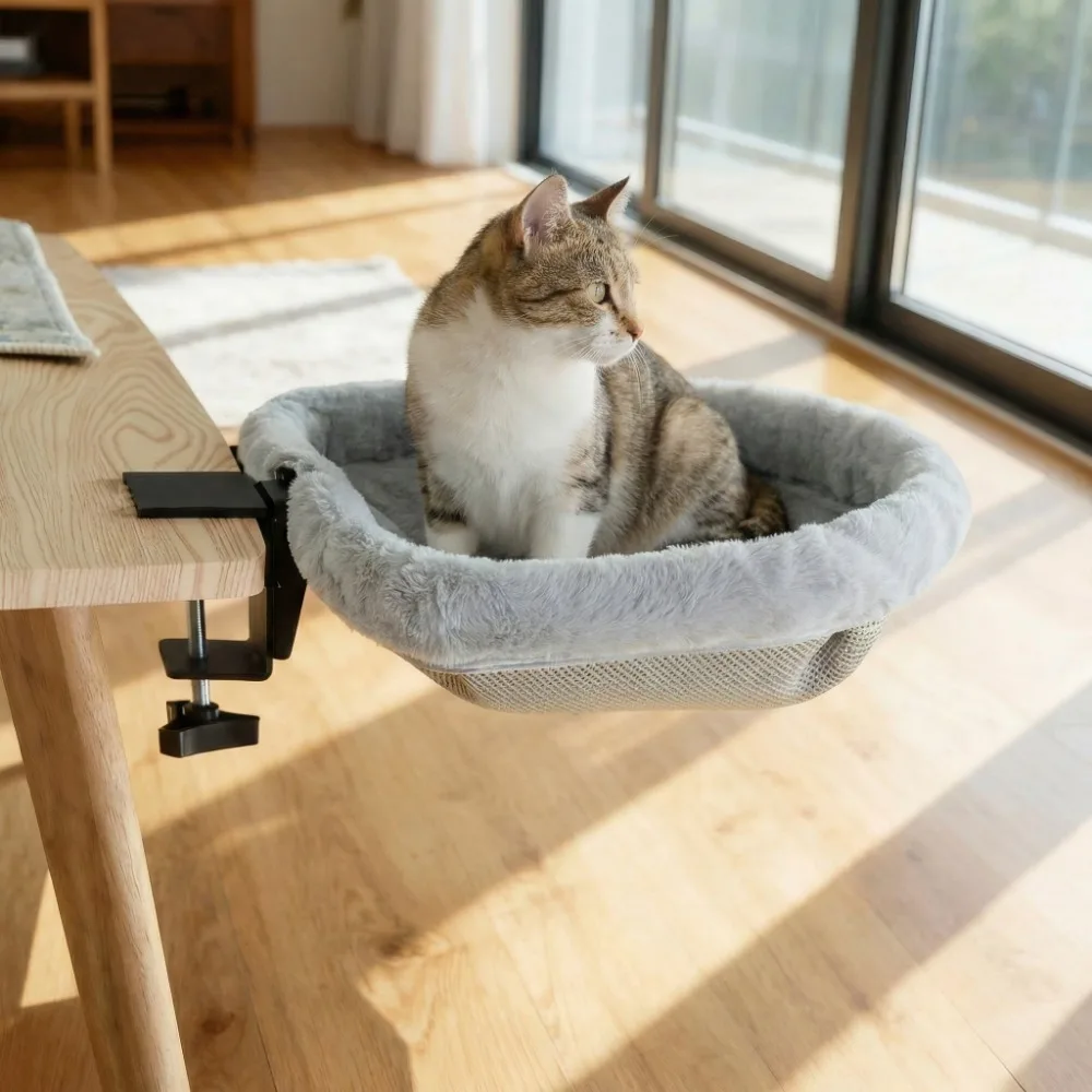 

Creative Semi-Circular Cat Table Bed Detachable Space Saving Cat Desk Hammock Non-Slip Clamp Soft Folding Cat Bed Book Desktop