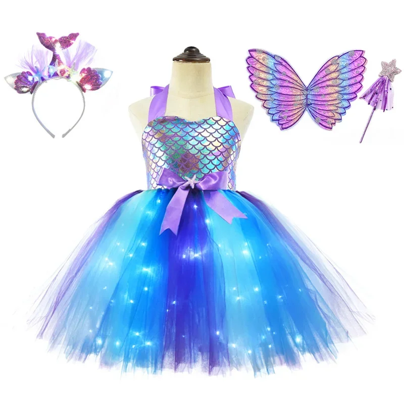 Christmas Girls Unicorn Mermaid Costume with LED Light Tutu Dress with Wings Kids Ballet Ball Cosplay for Birthday Party