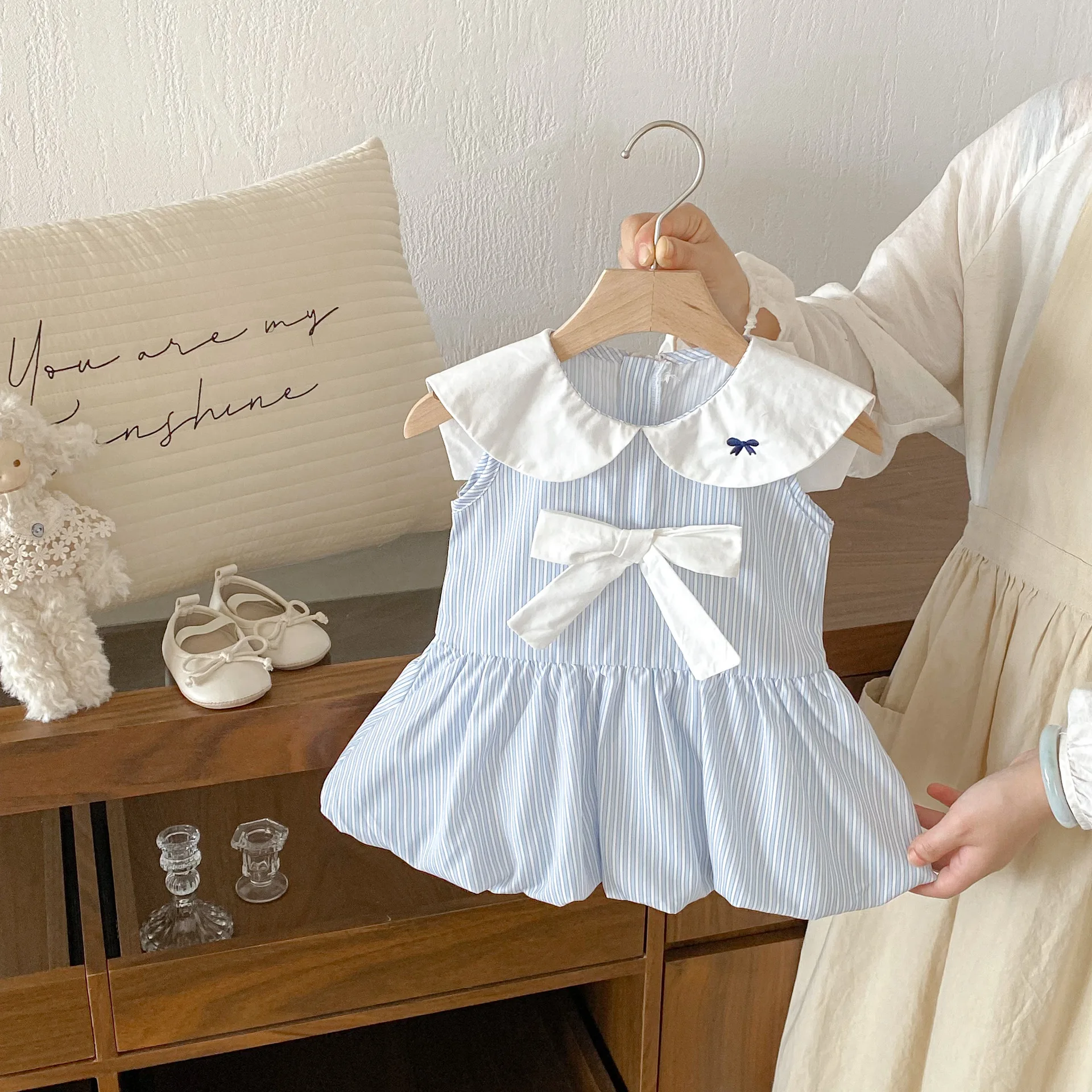 2026 Summer Girls' Collar Blue Striped Dress Baby Temperament Sweet Flower Bud Kids Beautiful Dress
