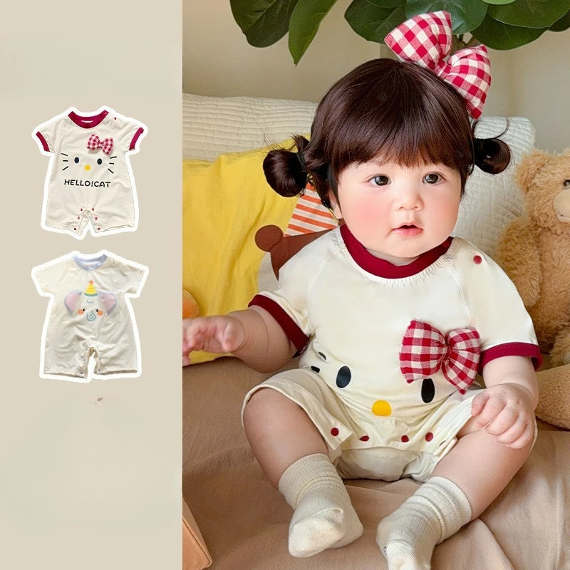 

New Summer Baby Girl Romper Short Sleeve Round Collar Cartoon Cat Letter Print Thin Infant Jumpsuit Newborn Clothing A8017