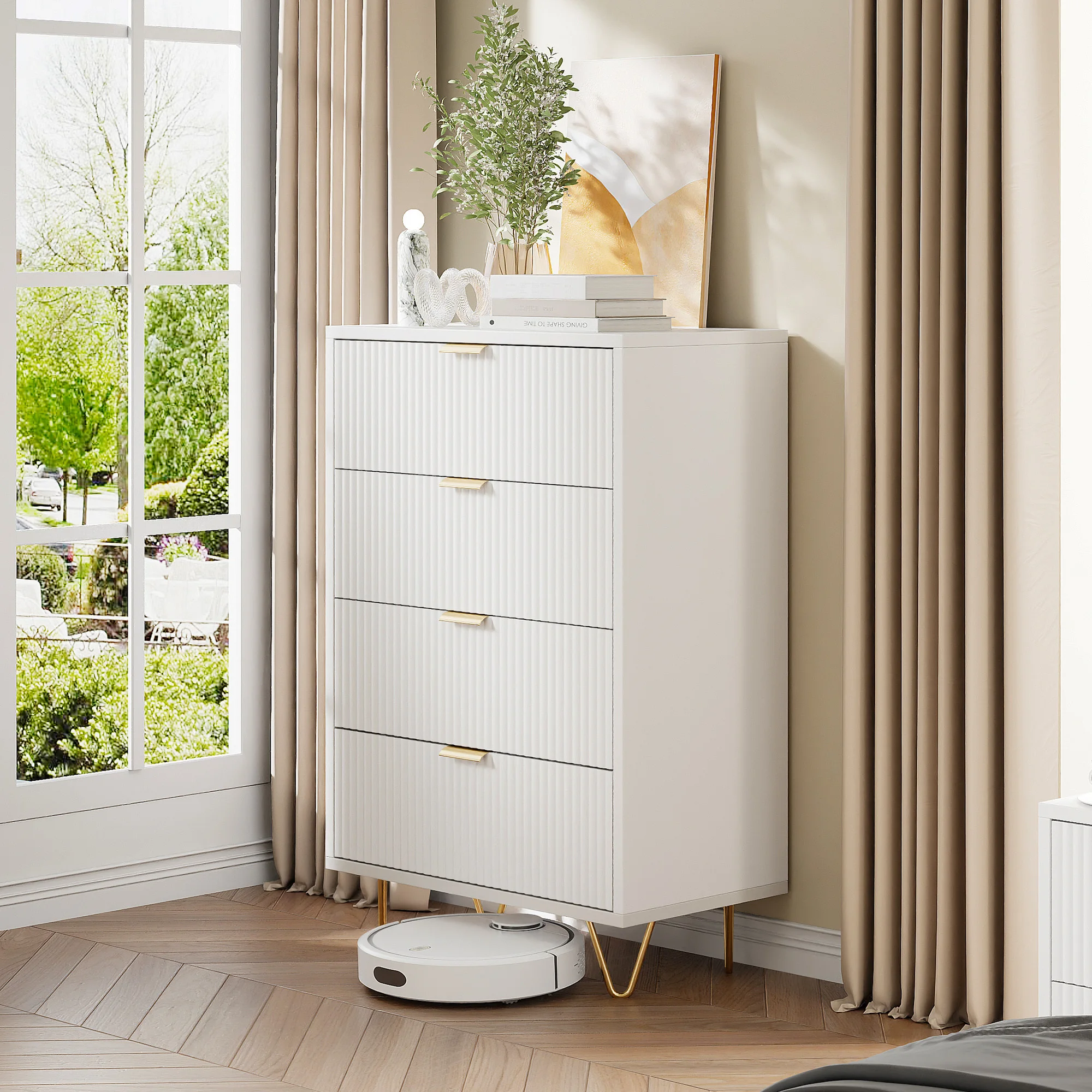 Commode à 4 Tiroirs,Buffet avec Beaucoup d'Espace de Rangement Motif Ondulé Commode avec Cadre en MéTal Robuste Blanc 60x34x91cm
