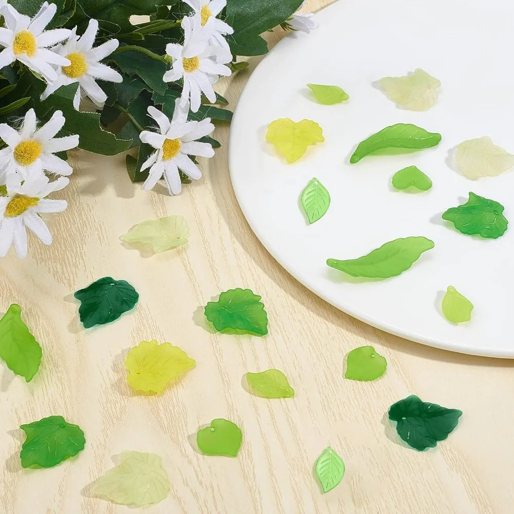 160 Pcs 8 Styles Acrylic Leaves Green Acrylic Leaf Charms Frosted Leaves Beads Maple Leaf Pendants for Earring Necklace kit