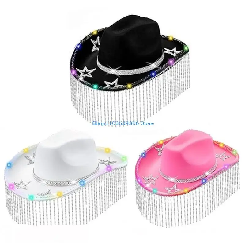 

400A Sparkly Glowing Cowboy Hat Crystal Tassels Panama Hat for Bachelorette Party