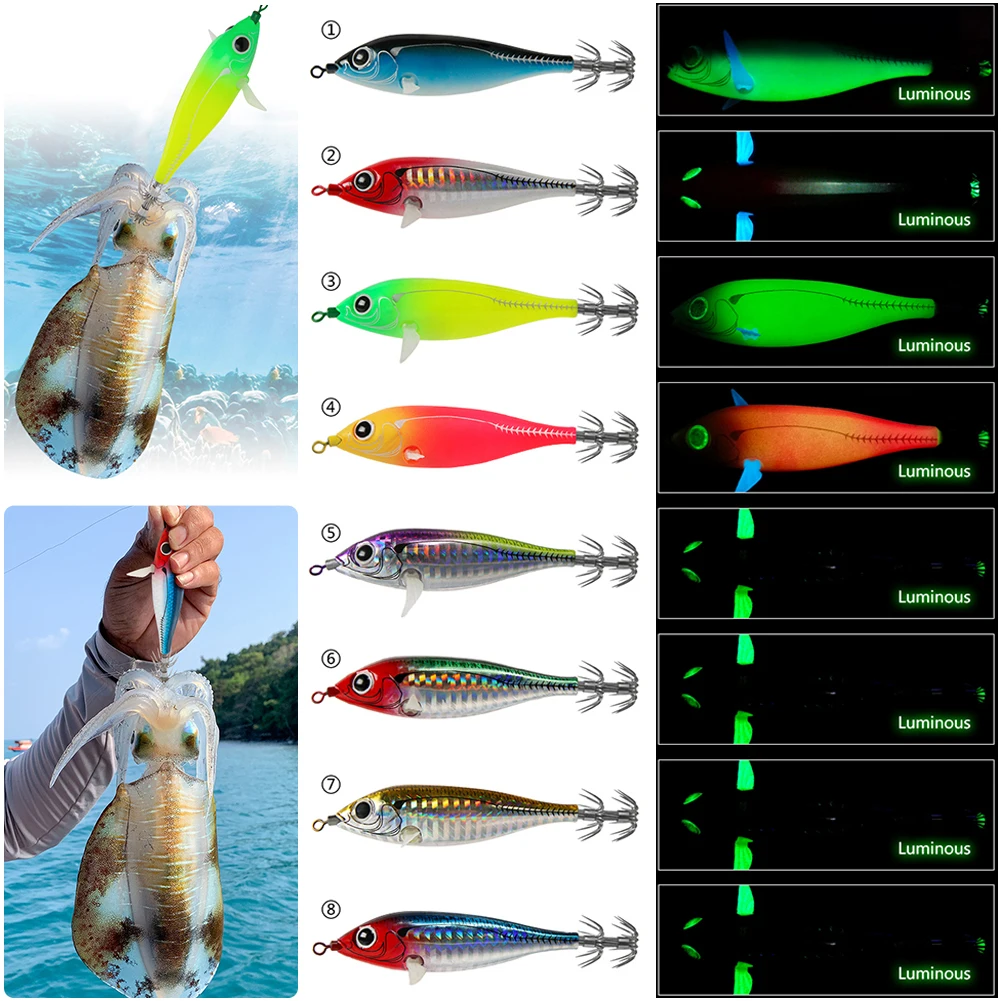 83mm 25g Horizontal Squid Jigs Floating Sutte Luminous Fishing Bait Wang Eyes Eggi Lure Cuttlefish Luminous Box Kit Fishing Tool