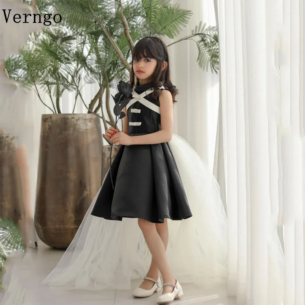 

Verngo Black Satin Girl Flowers Dresses High Neck Sleeveless A Line Birthday Party Dress Detachable Train Kid Dress Customized