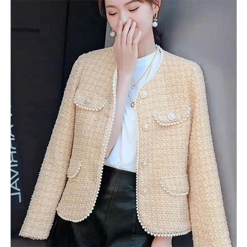 

Women Small Fragrant Style Jacket Spring Autumn High-end Tweed Coat Female Fashion Temperament Beading Short Woolen Tops