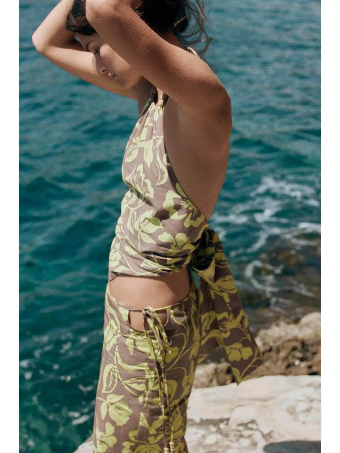 Summer Floral Print Neck Hanging Top with Slit Pants Women's Fashion Set Polyester Fiber Short Sleeve Workwear Ensemble