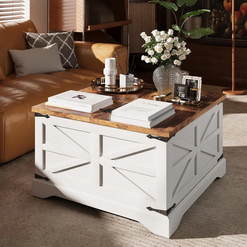 

Farmhouse Coffee Table with Storage, Square Tables for Living Room, Rustic Wood Center Hinged Lifting