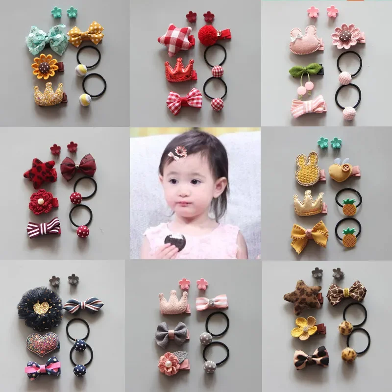 5Pcs/Set Cartoon Baby Hair Clips Elastic Rope Rubber Set Baby Girls Glitter Animal Crown Baby Headband Newborn Hair Accessories