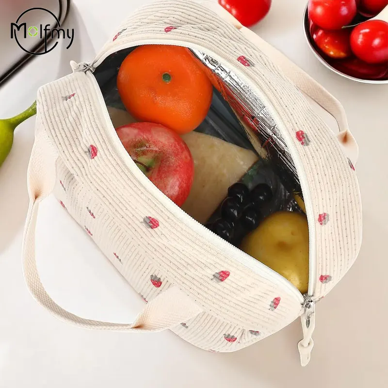 Corduroy Lunch Bag Thermal Insulation Lunch Box Storage Handbag Multifunctional Kid School Cooler Bag Picnic FoodPouch Loncheras