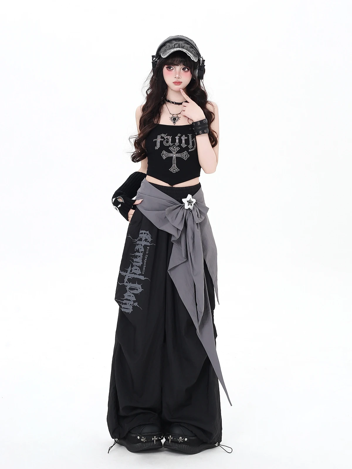 Original Fashion Streetwear Subculture Sweet Cool Girl Cargo Pants Elastic High Waist Bow Loose Wide Leg Long Sweatpants Women