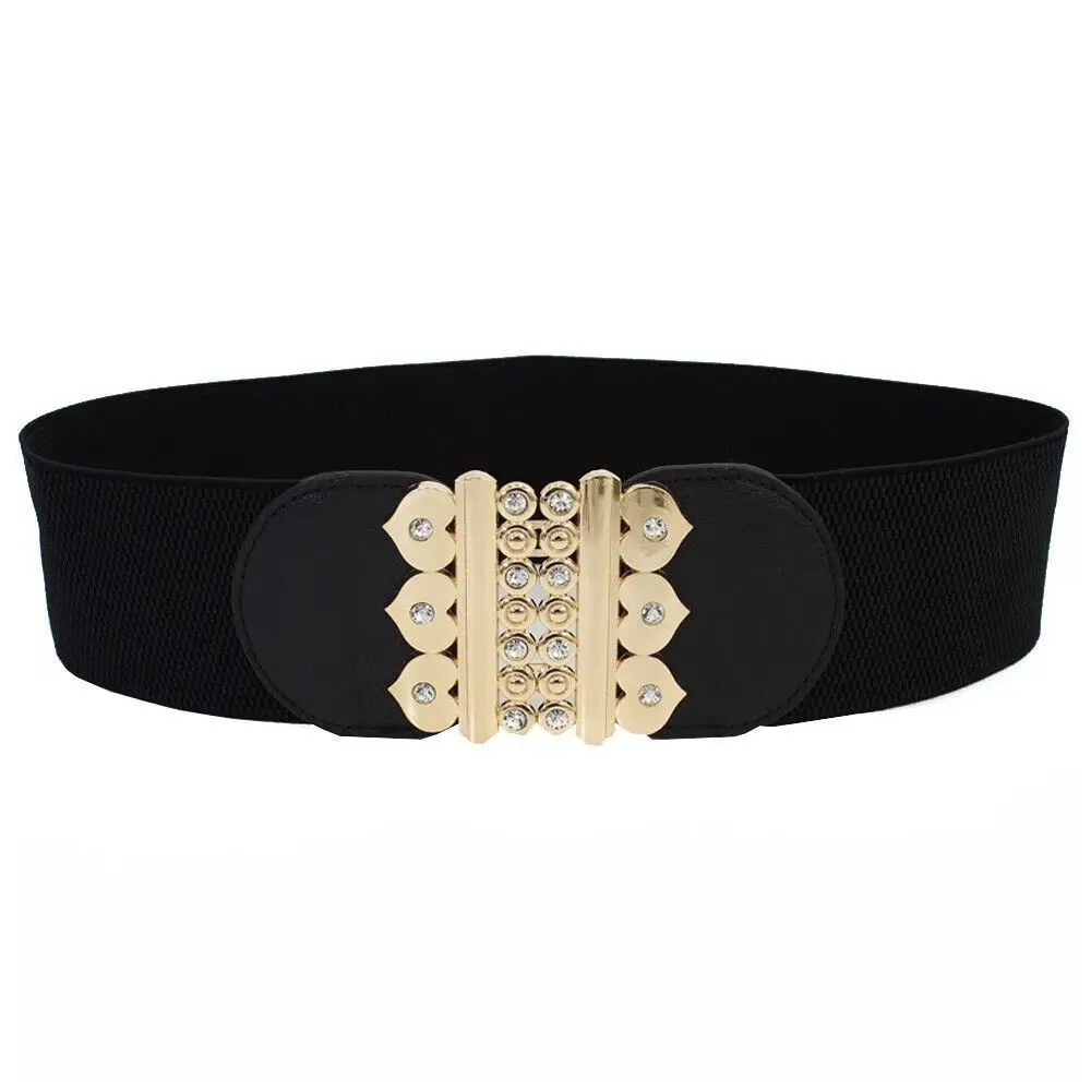 

Fashion Big Size Waistband Belt Metal Buckle Black Elastic Wide Belt Rhinestone Stretch Waistband Ladies