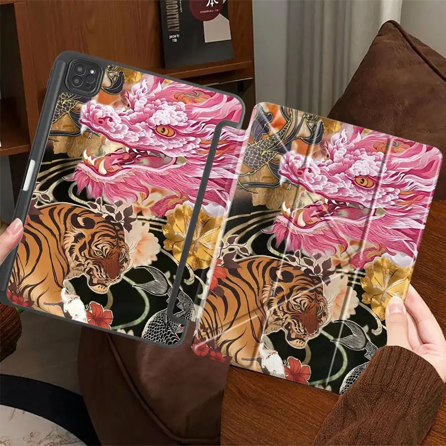 Holder Cover Tablet Case For iPad Mini 6 7 Pro 2025 Pro 11th 10th 9th 8th 7th 12.9inch Air 4 5 M3 M2 M4 11inch Dragon And Tiger