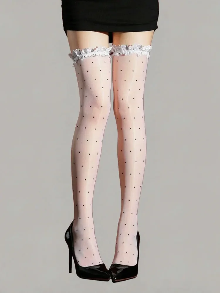 Women Sexy Lace Splice Mouth Socks Oil Shiny Glossy Sheer Polka Dot Print Over knee Long Leg Tights Shaping Nightclub Stockings
