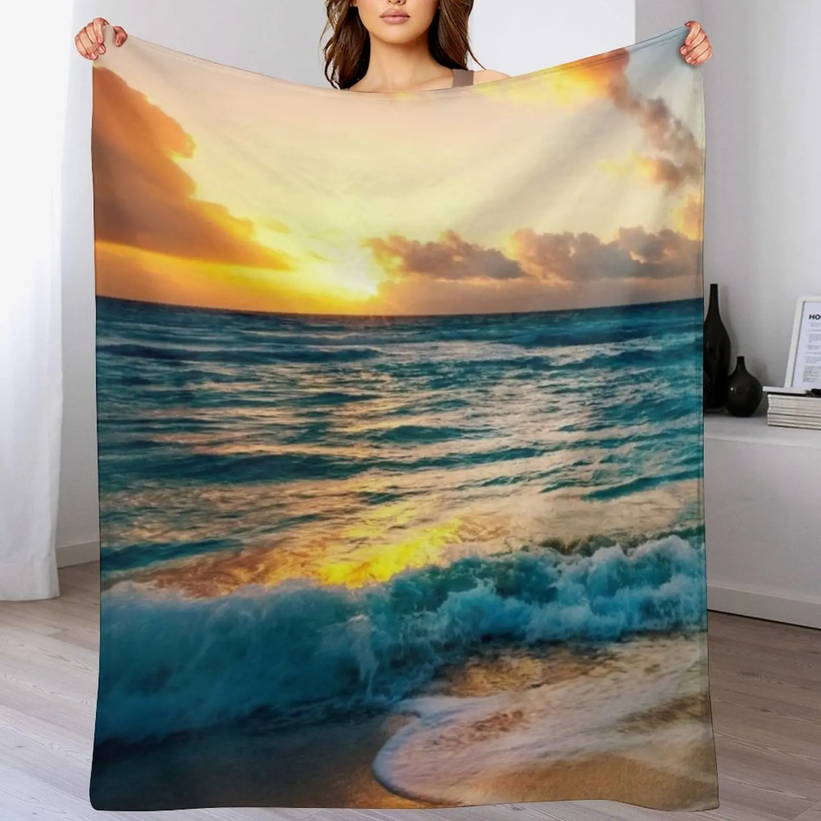 Blue deep ocean waves with sunset beach Throw Blanket Soft Big Large Personalized Gift Blankets