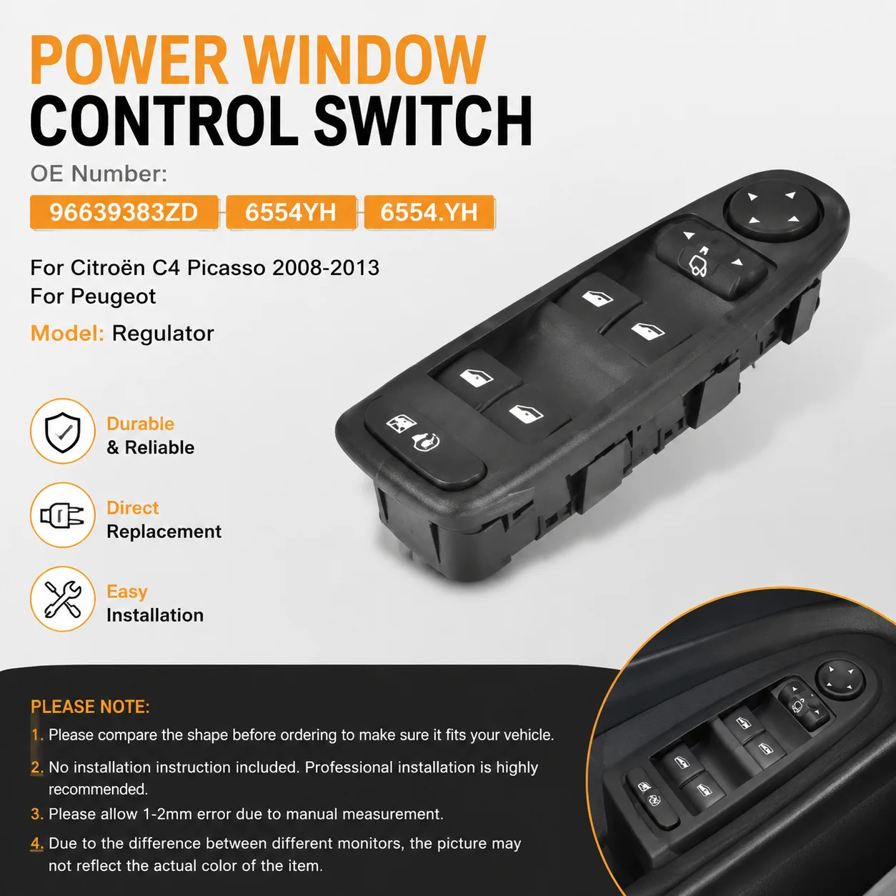 

2026 NEW Car Electric Window Control Switch for Citroen C4 4 Picasso 2008-2013 for Peugeot Regulator 96639383ZD 6554YH in Stock