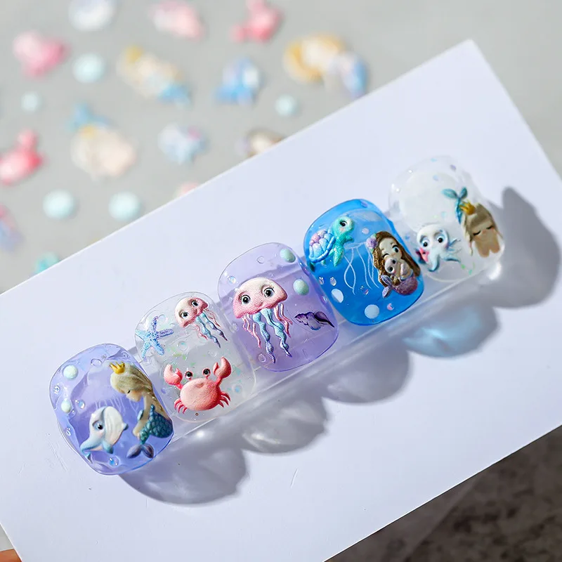 5D Cartoon Mermaid Crab Jellyfish Soft Reliefs Self Adhesive Nail Art Decorations Stickers 3D Nail Decals Wholesale Dropshipping