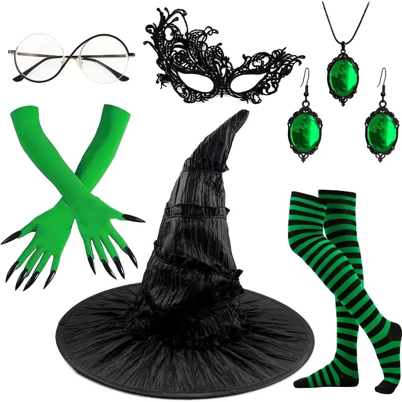 7 Pcs Women Halloween Witch Costume Accessories Set-Hat Gloves Glasses Socks Mask Necklace Earrings for Good Elphaba Cosplay