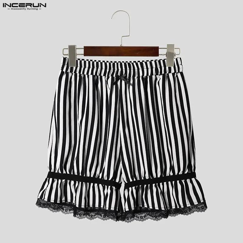 INCERUN Men's Shorts Lace Patchwork Striped Elastic Waist Men Bottoms Streetwear Summer 2026 Fashion Casual Unisex Shorts S-5XL