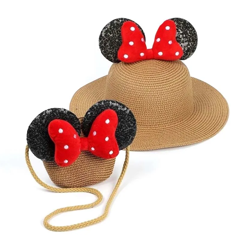 2Pcs Disney Minnie Mouse Panama Hat Baby Girl Lovely Ear Fisherman Hat Bow Sun Caps Summer Girls Kids Straw Bucket Beach Hats